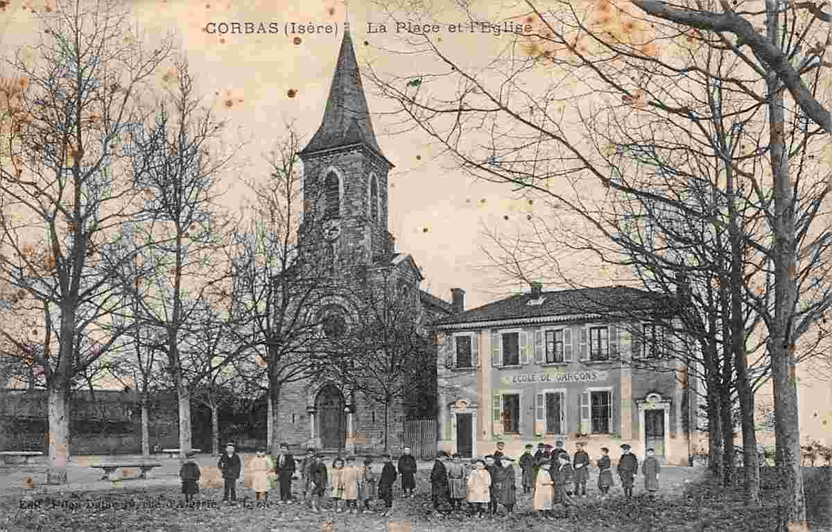 Corbas. L'Église et la Place, l'Ecole de Garçons, 1914