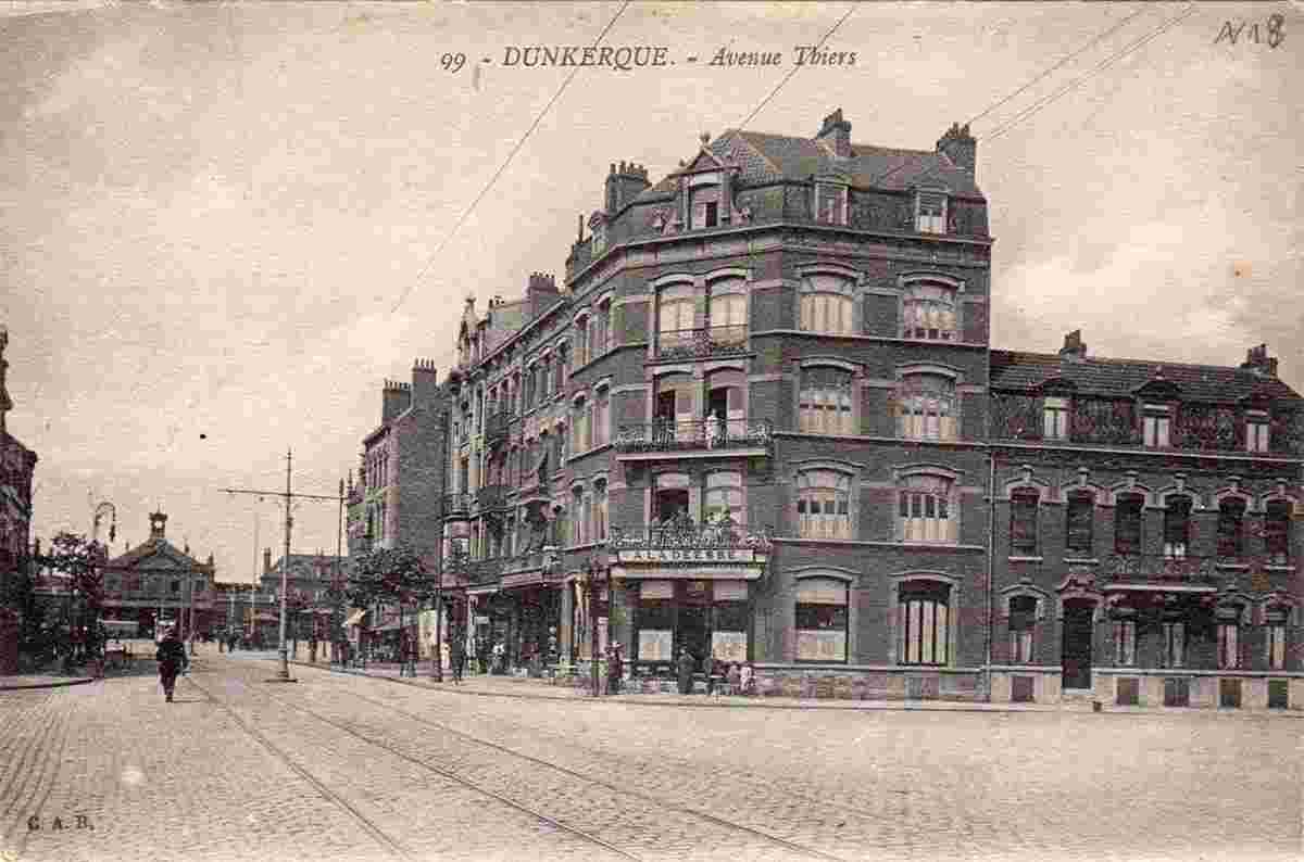 Dunkerque. Avenue Thiers et avenue Guynemer, café 'A la Déesse', la gare, 1918