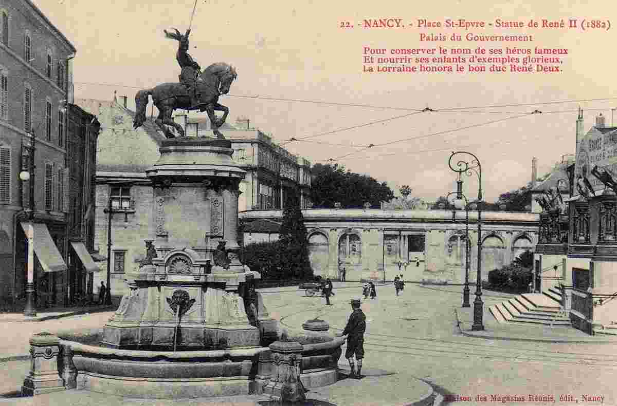 Nancy. Place Saint-Epvre, Statue René II (1882), Palais du Gouvernement