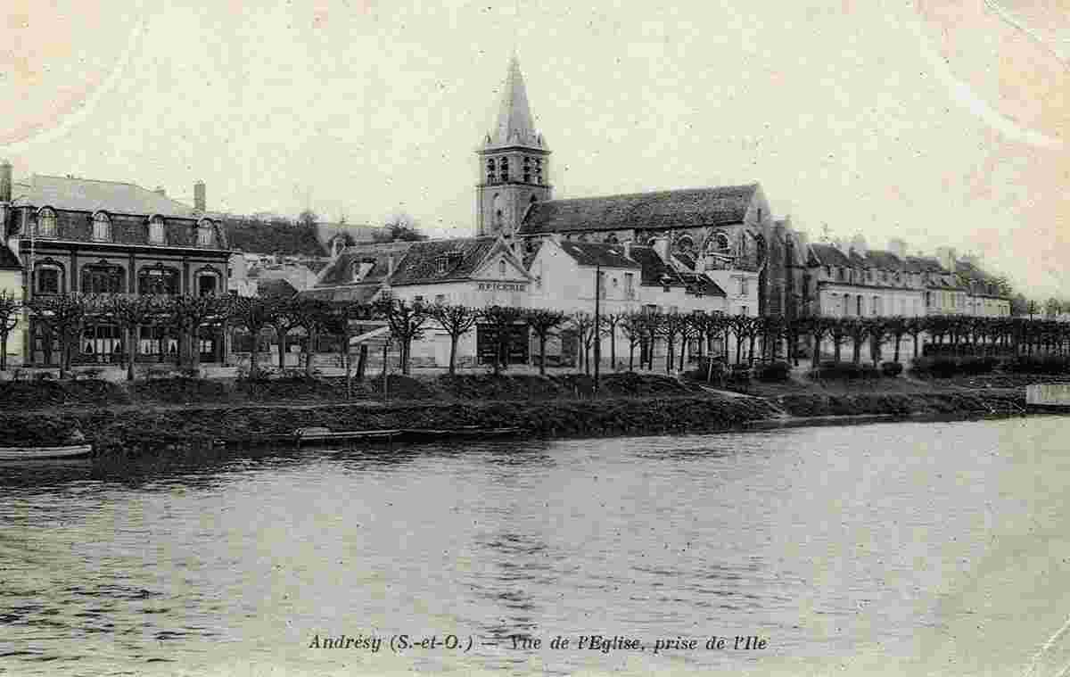 Andrésy. Vue de l'Eglise, prise de l'Ile, 1908