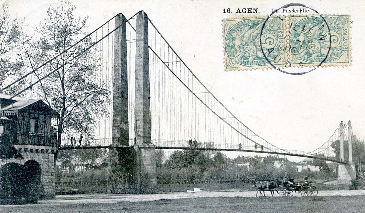 Agen. La Passerelle, Pont suspendu, 1906