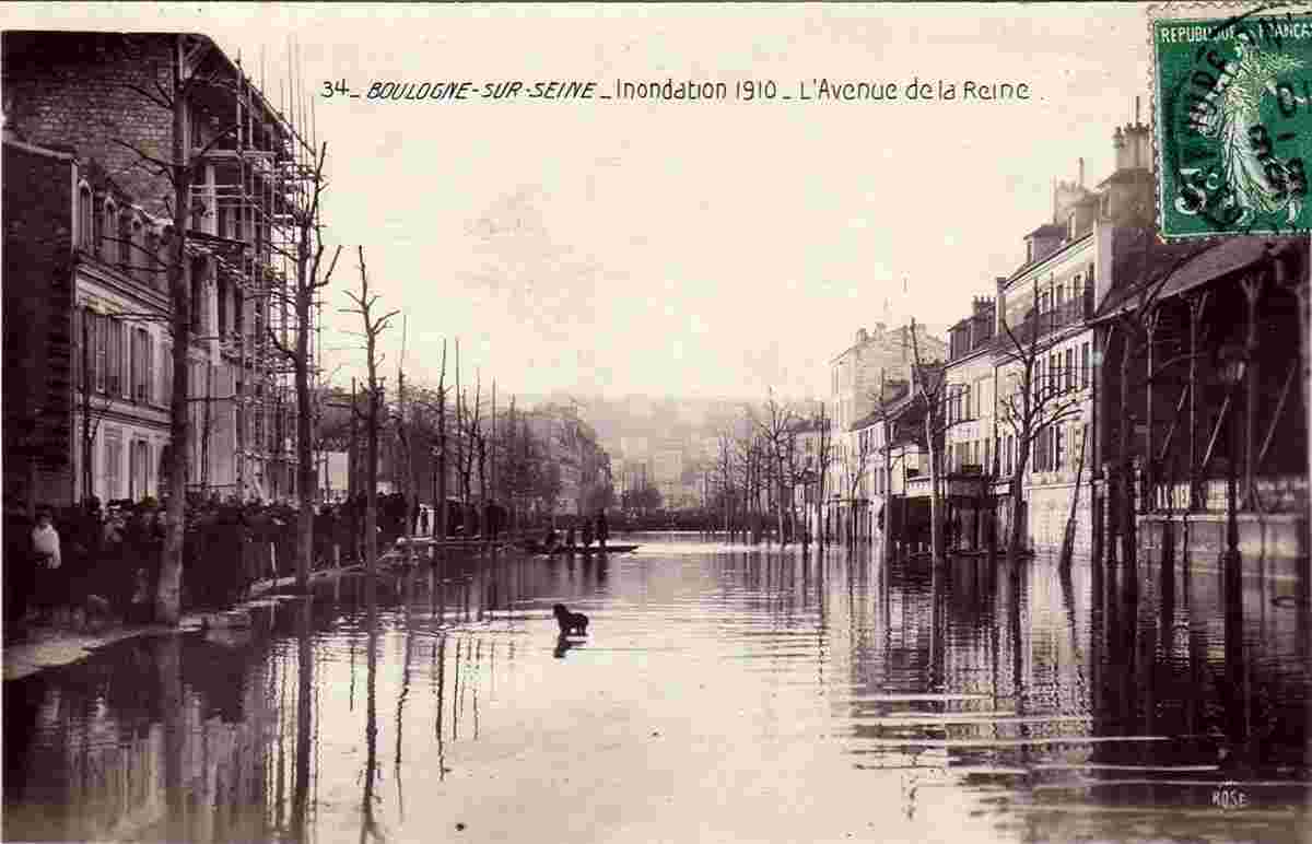 Boulogne-Billancourt. Le Kiosque et les Jardins de la Mairie, 1921 - Inondations 1910 à Avenue de la Reine
