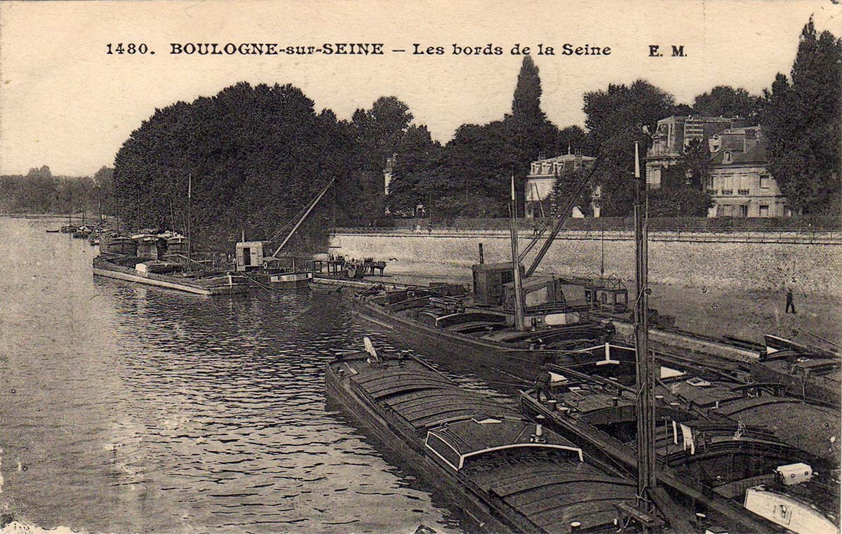 Boulogne-Billancourt. Le Kiosque et les Jardins de la Mairie, 1921 - Péniches, les bords de la Seine