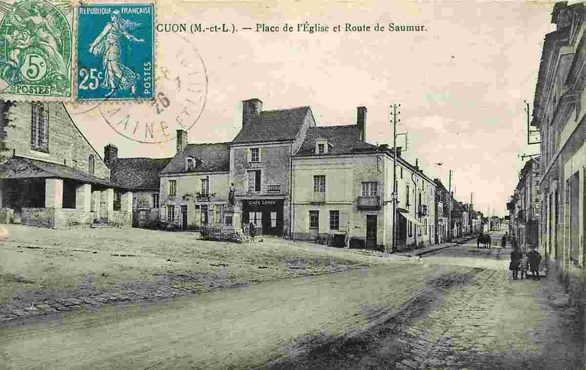 Baugé-en-Anjou. Cuon - Place de L'Église, Monument aux morts et route de Saumur, 1926