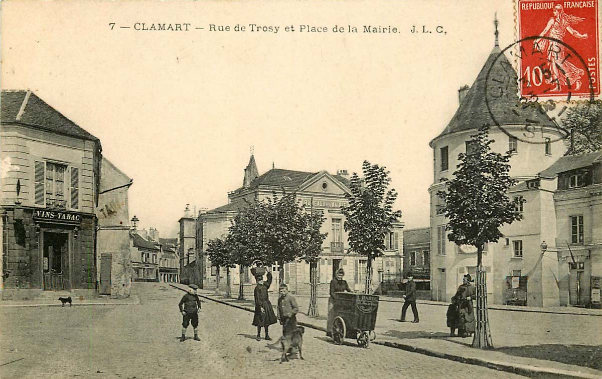 Clamart. Rue de Trosy et Mairie sur la Place, commerce 'Tabac et Vins'