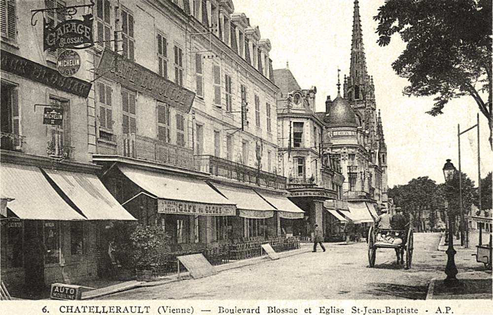 Châtellerault. Boulevard Blossac et l'Église Saint-Jean Baptiste, Cafe du Globe