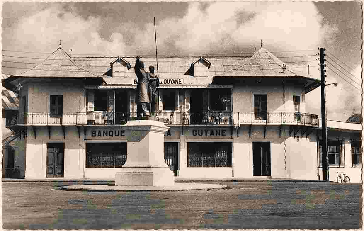 Cayenne. Bank of Guyana and the Victor Schœlcher Statue