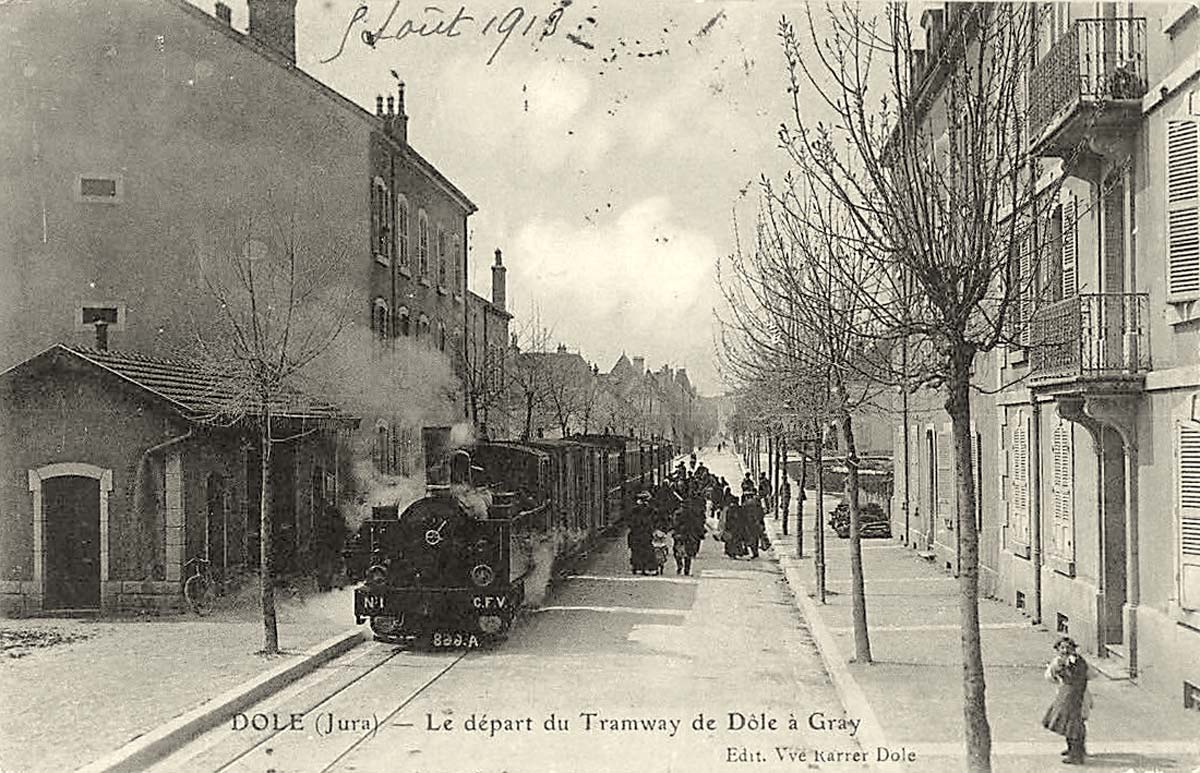 Dole. La Gare et le train tramway ligne de Dole à Gray, 1913