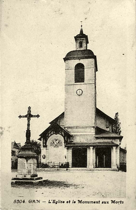 Gan. Église et le Monument aux Morts, 1937