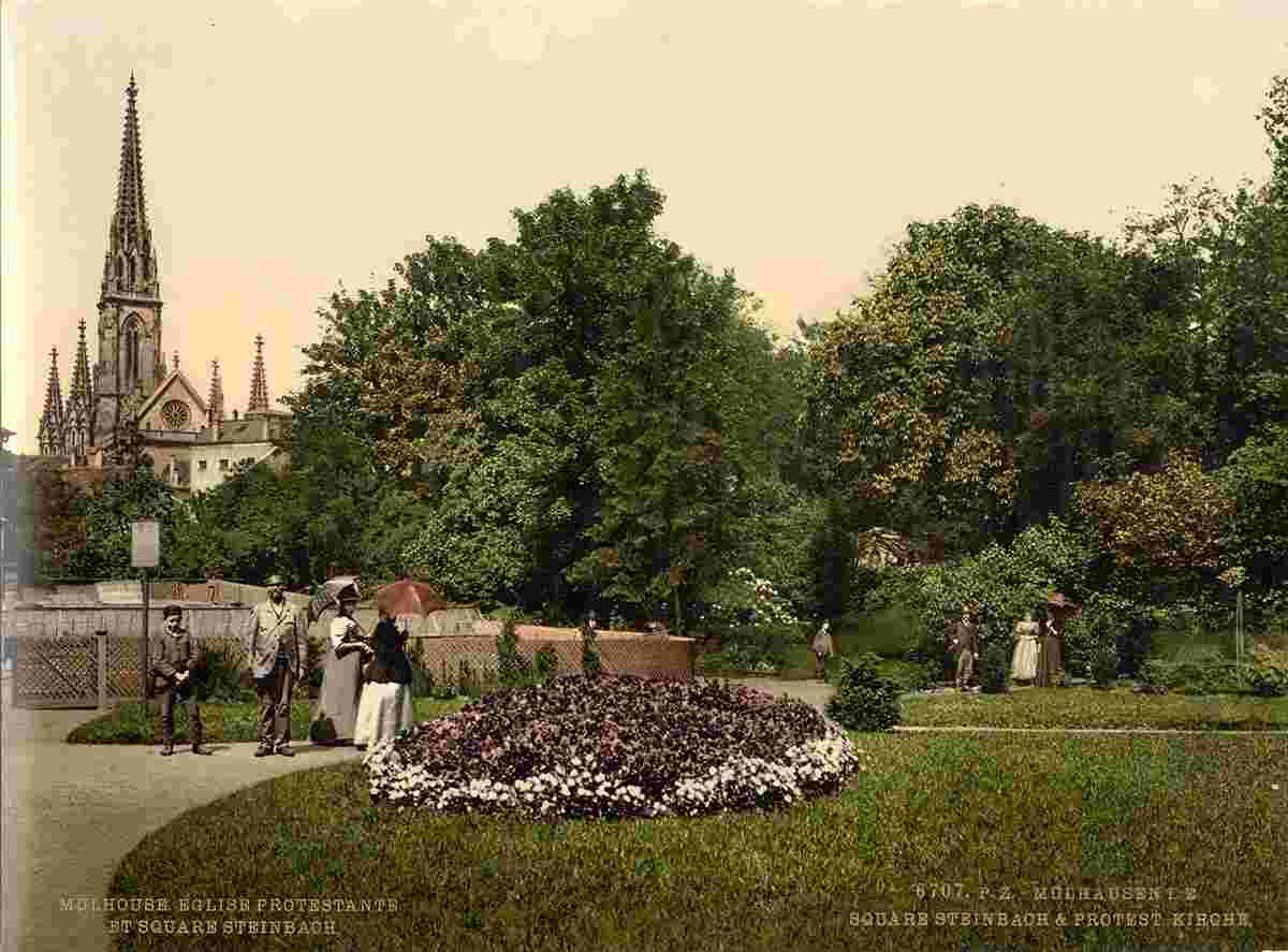 Mulhouse. L'Église protestante et Place Steinbach, vers 1890