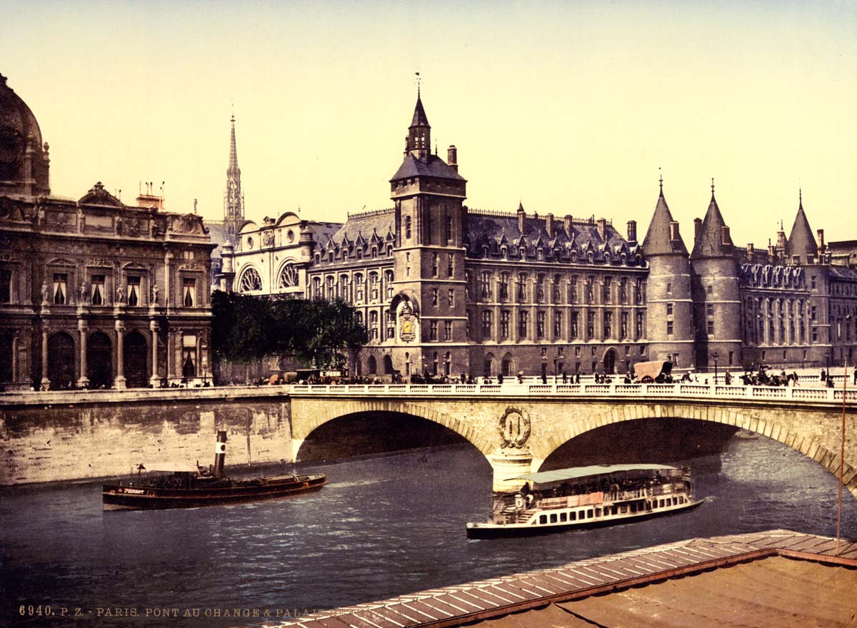 Paris. Palais de Justice and bridge to exchange, circa 1890