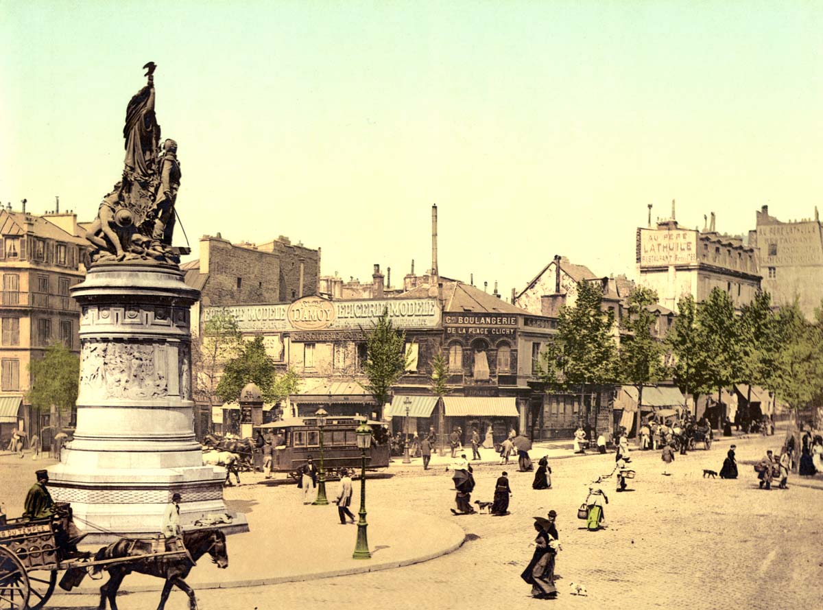 Paris. Street scene and monument, in the Place Clichy, circa 1890