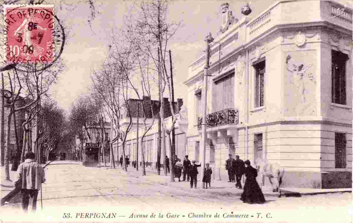 Perpignan. Avenue de la Gare, Chambre de Commerce, Tramway, 1908